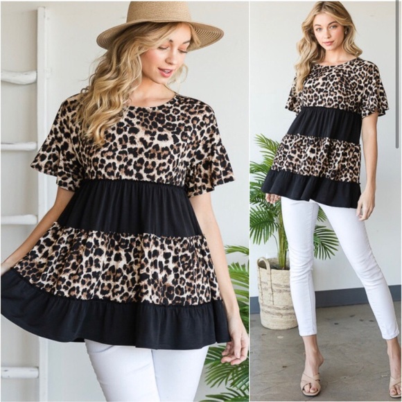 LLK Tops - Animal leopard print babydoll ruffle sleeve top